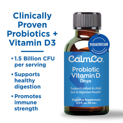CalmCo® Probiotic + Vitamin D Drops is a daily probiotic supplement to support infant and child gut & digestive health while supporting the immune system.