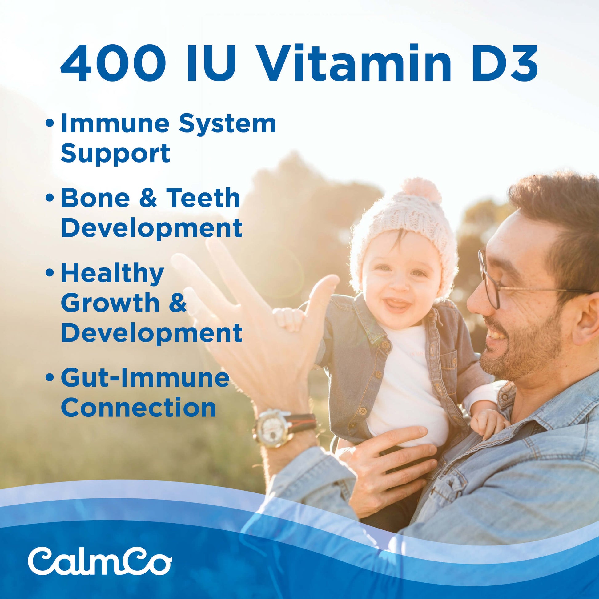 CalmCo® Probiotic + Vitamin D Drops is a daily probiotic supplement to support infant and child gut & digestive health while supporting the immune system.
