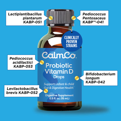 CalmCo® Probiotic + Vitamin D Drops is a daily probiotic supplement to support infant and child gut & digestive health while supporting the immune system.